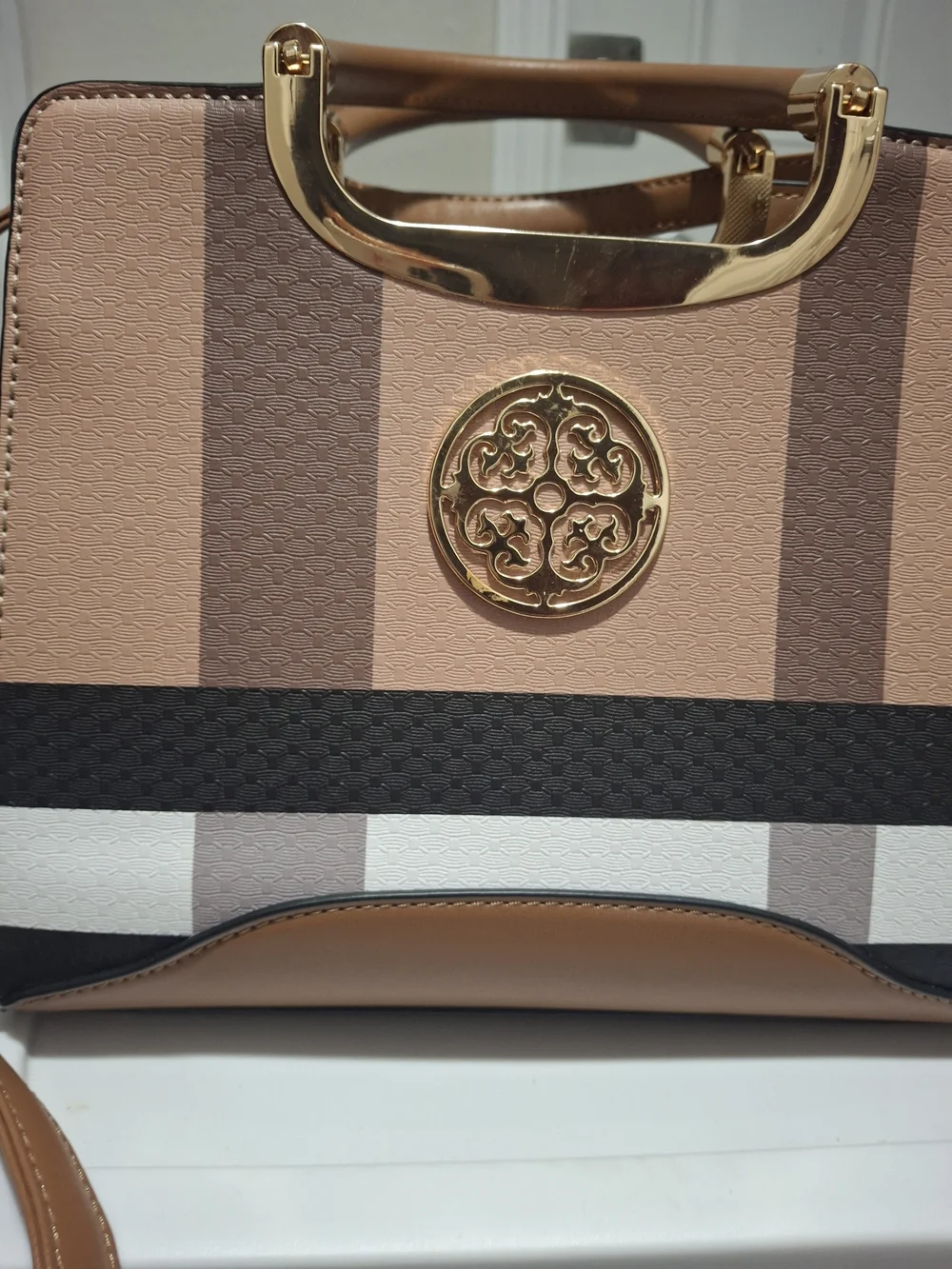 Striped Tan & Black Women's Satchel Bag - Unbranded